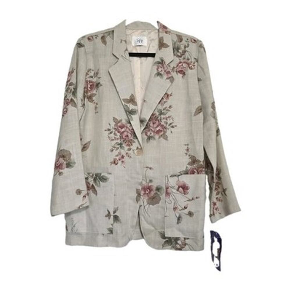Vintage Floral Blazer Jacket Womens M Beige Flax Grandmacore NEW